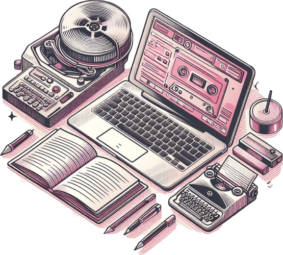 Büromaterialien eines Schreibbüros, u.a. Laptop, Diktiergerät